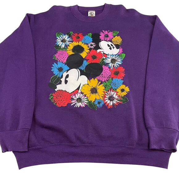 VTG 90s Mickey & Co Purple Floral Mickey Mouse Sweatshirt size XL - Picture 1 of 9